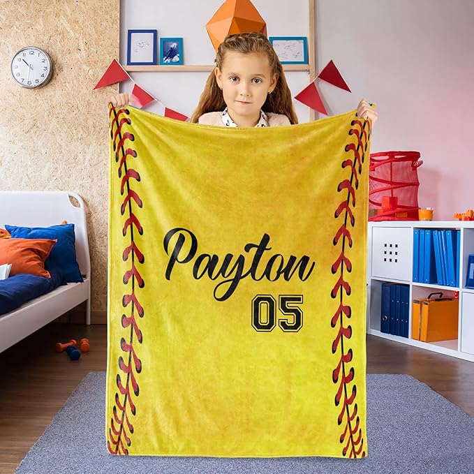 Personalized Softball Kids Blanket with Naumber and Name - Custom Sport Bed Blankets Gift for 0-3 Months Baby Essential - Super Warm and Comfortable 60x80inch