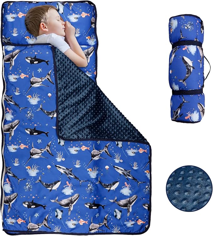 Toddler Nap Mat with Removable Pillow and Soft Dot Minky Blanket, Pea Pod Kids Shark Napping Mats Extra Large Rolled Slumber Bags for Boys Preschool, Daycare, Camping, 22.9 x 51.2inches Ages 3-7 Years