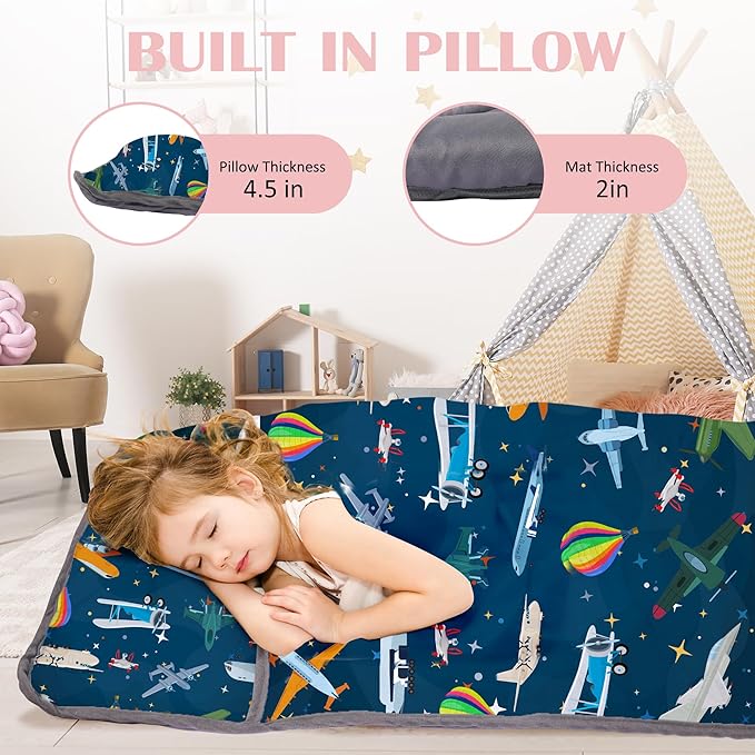 Cute Toddler Nap Mat with Pillow & Blanket，Soft Rolled Napping Mats for Boys and Girls