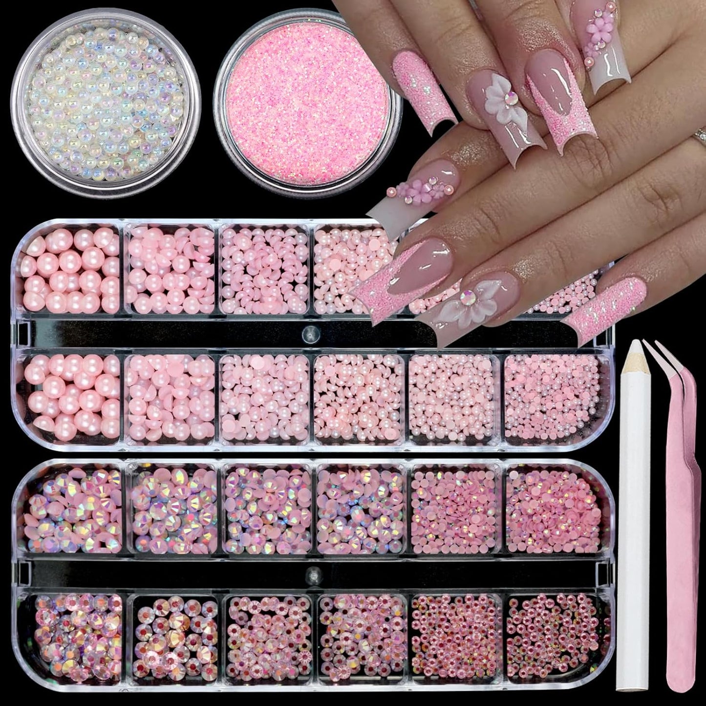 Nail Art Rhinestones Pink Nail Charms Resin Clear Jelly Rhinestones Pearls Glitter Supplies Crystal Gems Bubble Bead Accessories for Women Manicure Decorations Design