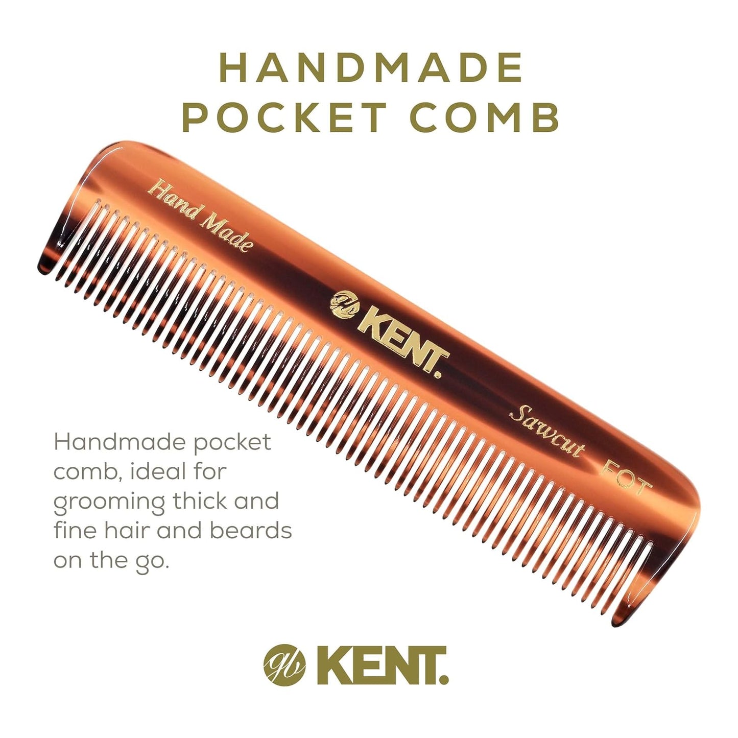 Kent A FOT Tortoiseshell Fine Tooth Handmade Pocket Comb for Men, Women and Kids, Hair Comb Straightener for Grooming and Styling, Beard and Mustache, Saw Cut and Hand Polished, Made in England