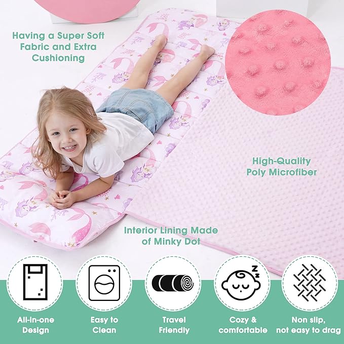 ACRABROS Toddler Nap Mat with Pillow and Blanket, Extra Large Rolled Napping Mats,Slumber Bags for Boys Girls,Kids Sleeping Bag for Daycare, Preschool Travel Camping,Mermaid