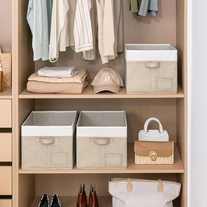GRANNY SAYS Closet Storage Baskets for Shelves, Large Fabric Storage Bins, Collapsible Clothing Storage and Organization, Decorative Storage Bins, Khaki&Ivory, Extra Large, 3-Pack