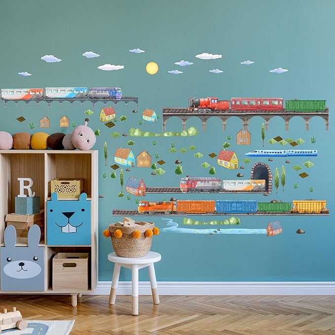 Train Wall Decals for Kids by Lipastick - Educational Railroad Wall Stickers for Boys and Girls - Peel and Stick Locomotive, Carriage, Wagon Wall Decals for Nursery, Playroom, Bedroom Decor -L Size