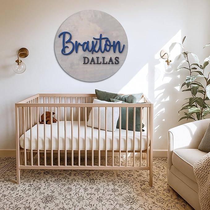 Custom Round Nusery Name Sign, Personalized 3D Baby Name Announcement Sign, Personalized Wooden Wall Plaque, 3D Wall Art for Children & Kids Rooms, Family Name Signs, 30 Colors (Design 4)