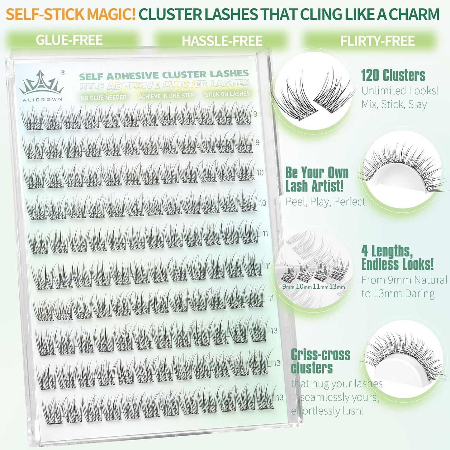 Self Adhesive Lashes Clusters Natural Look No Glue Eyelash Extensions Wispy Pre Glued Self Adhesive Eyelashes Reusable DIY Lash Extensions 120Pcs 9mm 10mm 11mm 13mm