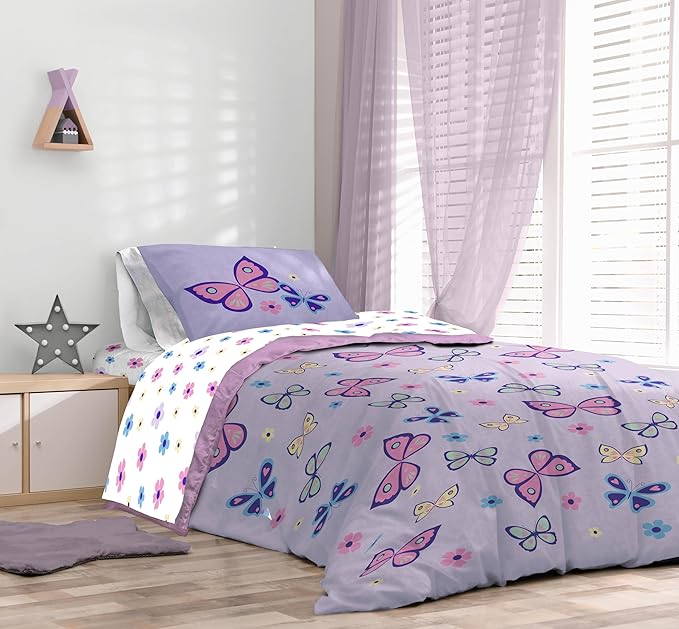 Sunny Side Up Butterfly Twin Comforter Set - 5 Piece Kids Bedding Includes Comforter, Sheets & Pillow Cover - Super Soft Purple Floral Microfiber Bed Set