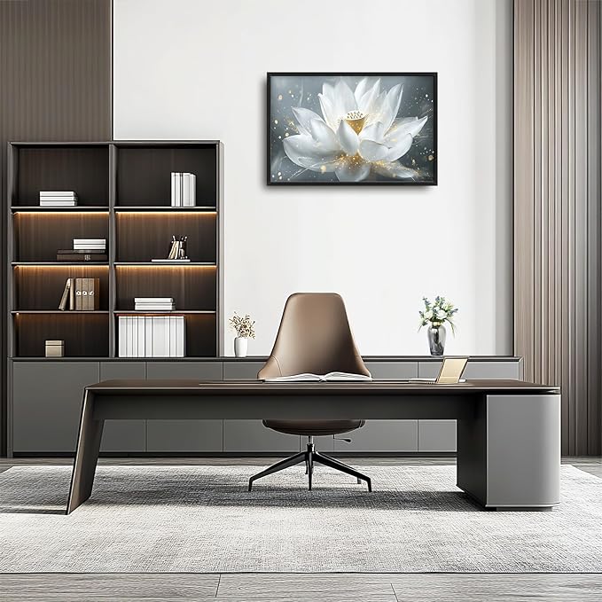 Olivine Zen Wall Art, Lotus Pictures Wall Decor, White and Golden Lotus Painting Flower Canvas Prints, Framed Artwork for Bedroom Bathroom Living Room Dining Room Office Home Decoration 36"x24"