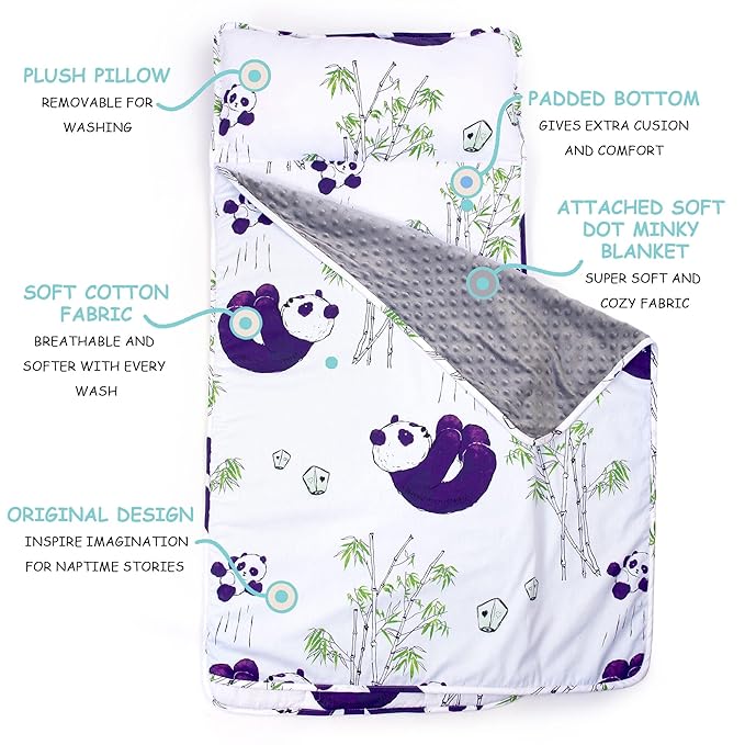 JumpOff Jo Nap Mat for Kids - Cozy Kids Rest Mat with Removable Pillow and Ultra Soft Blanket for Preschool, Daycare, and Sleepovers - Playful Pandas