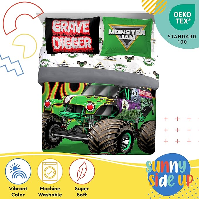 Sunny Side Up Monster Jam Full Comforter Set - 7 Piece Kids Bedding Includes Comforter, Sheets & Pillow Cover - Super Soft Trucks Microfiber Bed Set