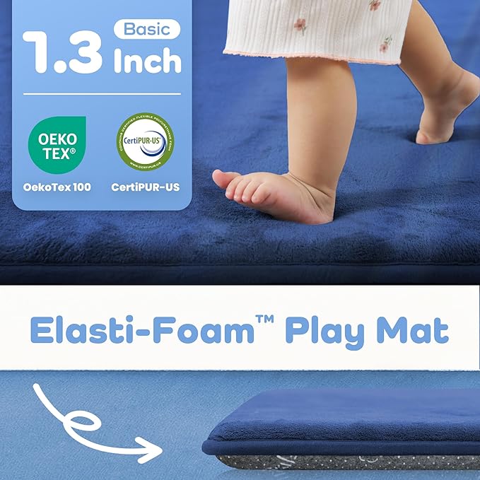 1.3" Thick Baby Floor Play Mat 50x50, Basic Padded Foam Mat for Tummy Time Crawling, Non Slip Cushioned for Babies Toddlers Infants Kids (Blue)