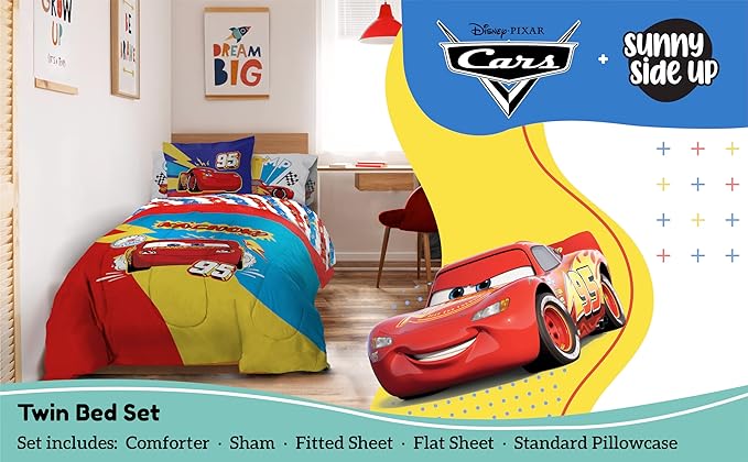 Sunny Side Up Disney Pixar Cars Lightning McQueen Twin Comforter Set - 5 Piece Kids Bedding Includes Comforter, Sheets & Pillow Cover - Super Soft Racecar Microfiber Bed Set