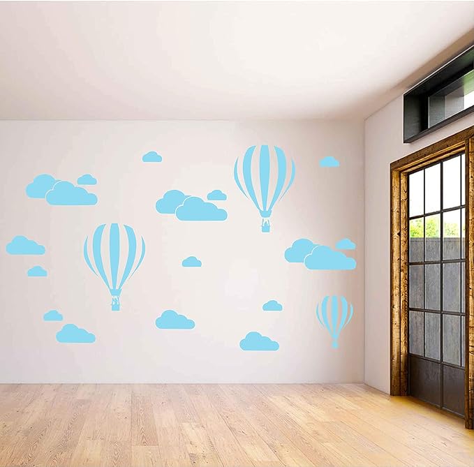 Giant Removable Vinyl 3D Hot air Balloons with Clouds Wall Decals DIY Wall Stickers Nursery Decor Kids Bedroom art Decoration Girls Rooms Decal Child Sticker Home Walls Decal (White) D952 (Canal Blue)
