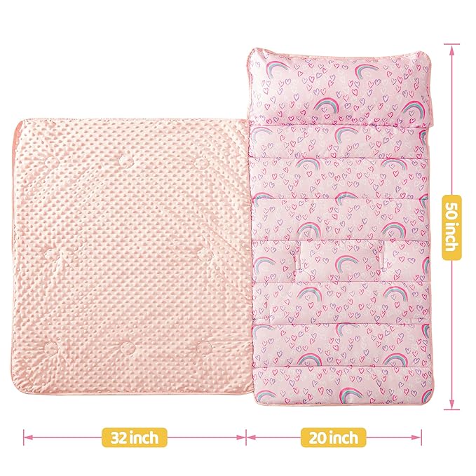 Viviland Toddler Kid Nap Mat for Preschool, Girls Pink Rainbow Slumber Bag, Daycare Sleeping Bag with Pillow and Blanket, Kindergarten Sleep Mat