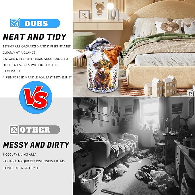 Highland Cow Laundry Basket Oxford Cloth Cattle Flowers Laundry Hamper With Handle Foldable Portable Clothes Storage Basket 18.9 X 16.5 Inch Storage Bag For Laundry Room/Bathroom/Bedroom/Dormitories