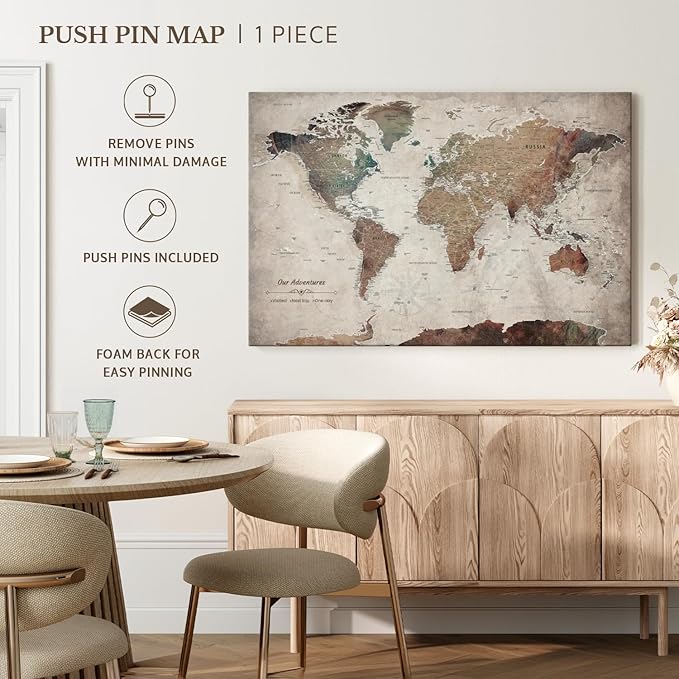 ElephantStock - Our Adventures World Map With Push Pin Iii Wall Art - Horizontal Canvas Wall Art - Living Room Wall Decor - Printmaking Map Canvas Art - Beige And Brown Decor - 30" x 20"