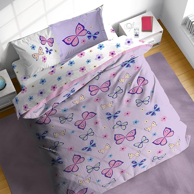 Sunny Side Up Butterfly Full Comforter Set - 7 Piece Kids Bedding Includes Comforter, Sheets & Pillow Cover - Super Soft Purple Floral Microfiber Bed Set