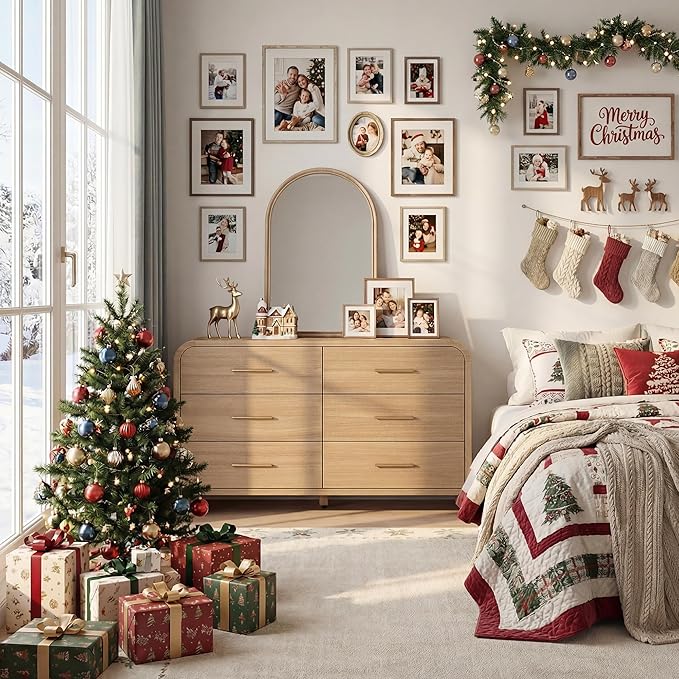 Curved 6-Drawer Dresser for Bedroom, 54" Wide Modern Chest of Drawers, Vanity Desk TV Stand for Living Room, Closet Storage Drawers Organizer Furniture, Nursery, Hallway, Oak