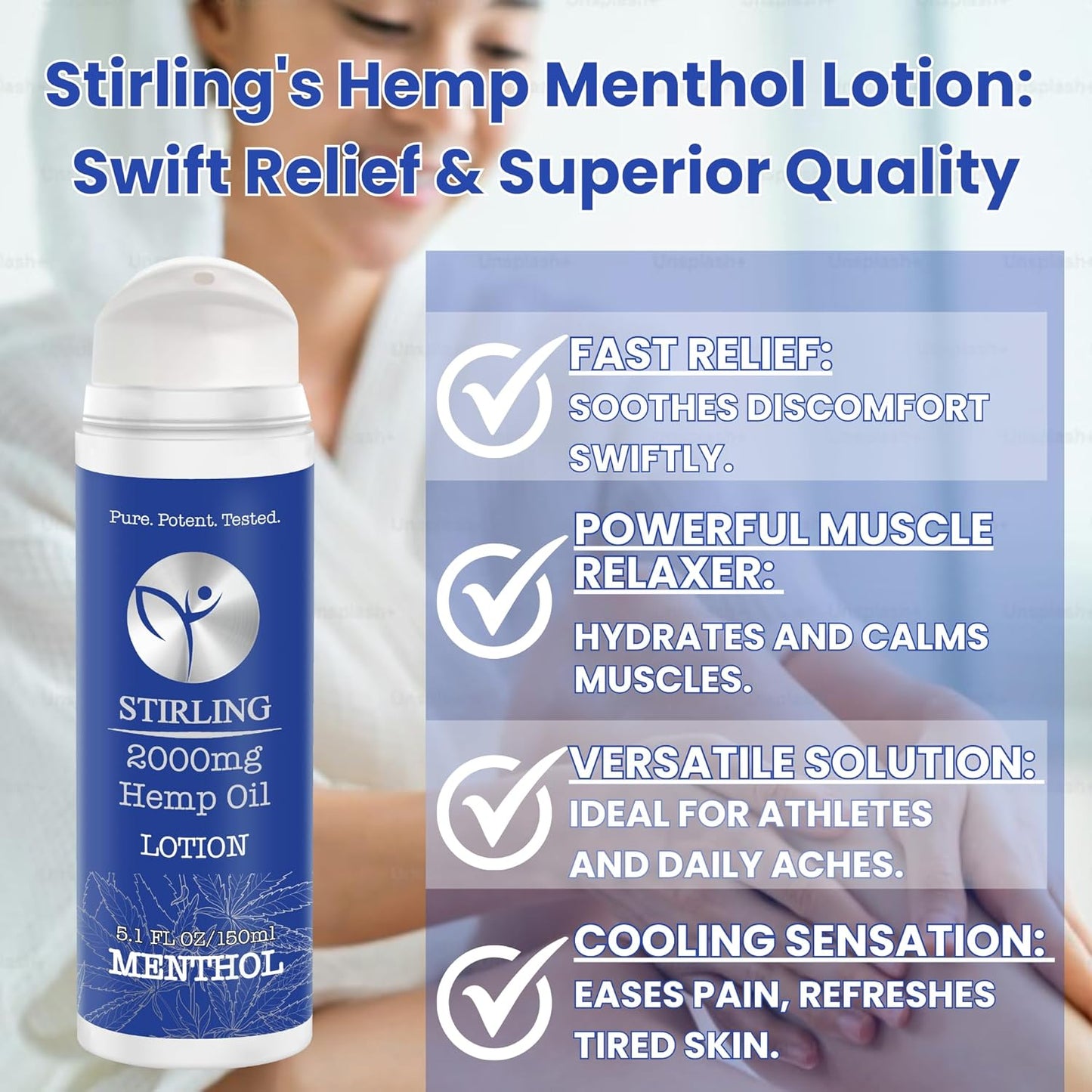 STIRLING Menthol Lotion + Hemp Oil – Maximum strength relief with cooling menthol and 100% pure hemp oil to soothe joints, relax muscles, and hydrate with aloe vera. 5 fl oz. (2000mg, Menthol)