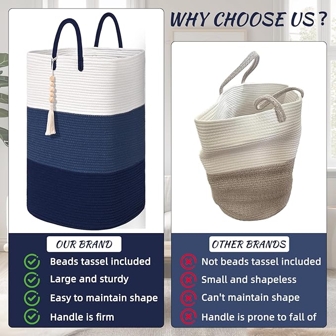 Woven Laundry Basket for Clothes,100 L Large Rectangle Laundry Hampers with Beads Tassel, Nursery Storage Basket for Toys, Tall Dirty Clothes Hamper for Bedroom Aesthetic, Laundry Room Organization