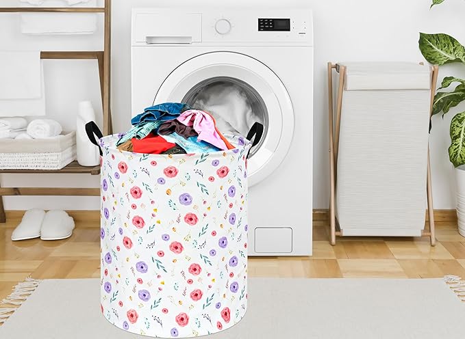 KUNRO Spring Flower Laundry Gift Basket Storage Hamper, Kids Toys and Clothes Storage Organizer Bins, Toy Shelf Basket with Handles for Room Decor