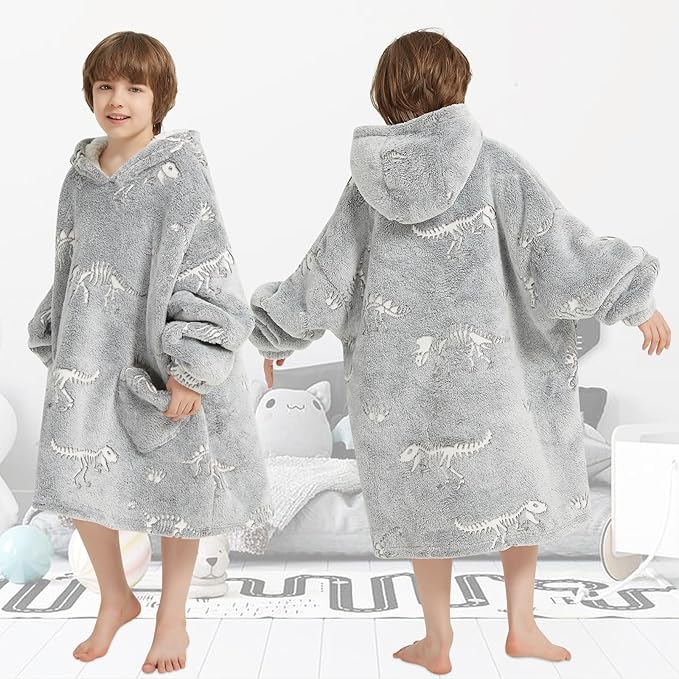 Fiosnow Glow in the Dark Dinosaur Fossil Blanket Hoodies for Kids 6-13YR Oversize Wearable Blanket Hoodies for Boys Girls Teens
