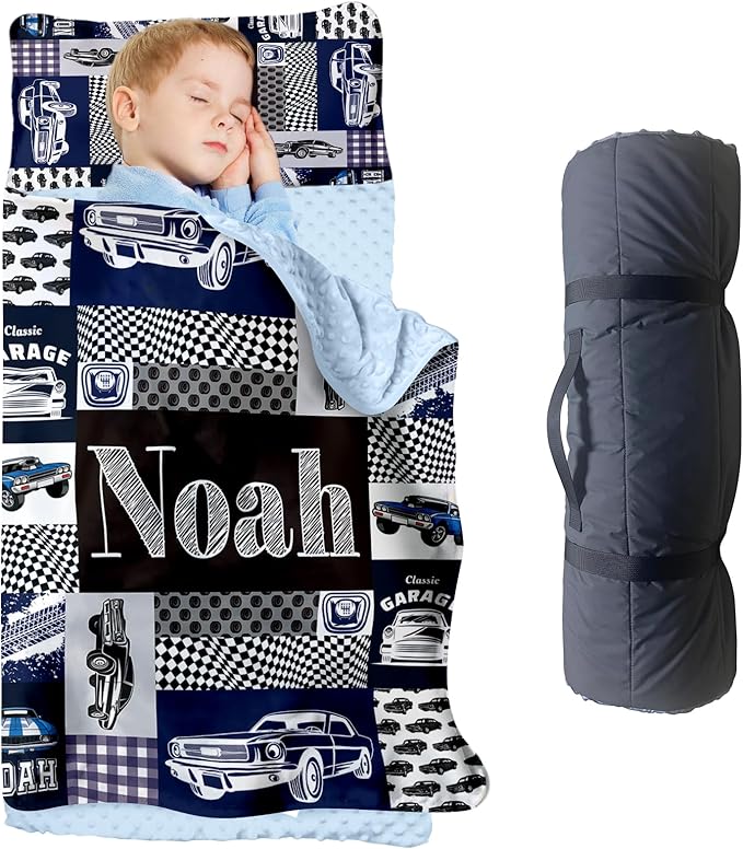 Personalized Toddler Nap Mats for Preschool, Custom Name Kids Sleeping Bag for Daycare, Roll Up Sleeping Mat with Removable Pillow and Soft Dot Minky Blanke for Boys Camping Travel
