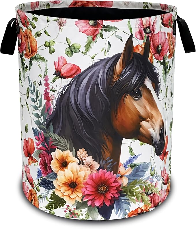 Beautiful Horse Flowers Laundry Basket Oxford Cloth Laundry Hamper With Handle Foldable Portable Clothes Storage Basket 18.9 X 16.5 Inch Storage Bag For Laundry Room/Bathroom/Bedroom/Dormitories