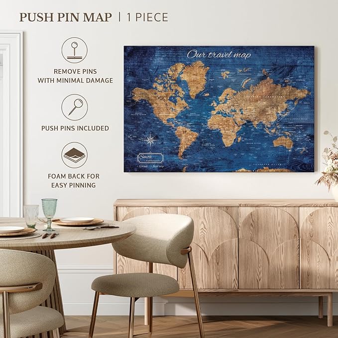ElephantStock - Personalized Our Travel I Push Pin World Map Wall Art - Horizontal Canvas Wall Art - Living Room Wall Decor - Digital Art Map Canvas Art - Brown And Blue Decor - 36" x 24"