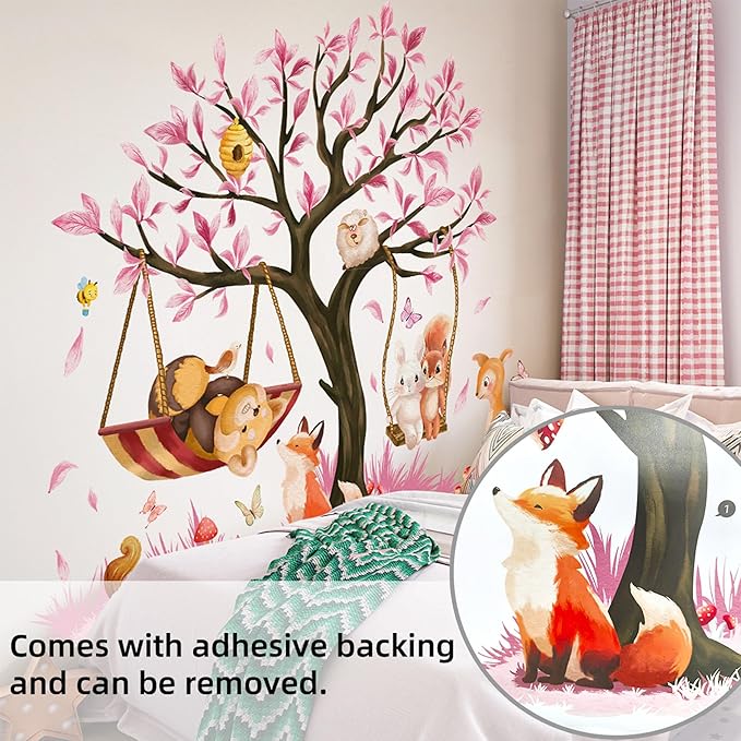 Cute Jungle Theme Wall Stickers Removable Animal Forest Wall Decals Elephant Monkey Lion Giraffe Zebra Peel and Stick Tropical Wall Art Decor for Nursery Bedroom Classroom (Pink)