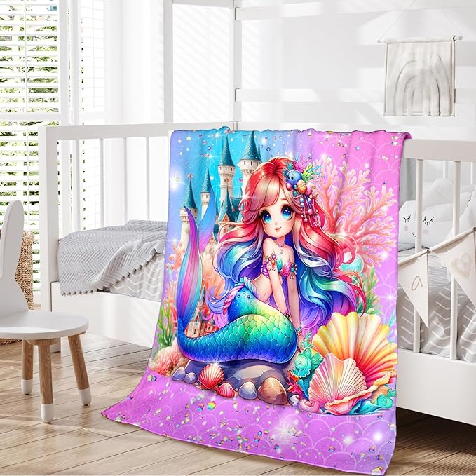 Girls Blanket, Mermaid Throw Gift for Kids Adults Mermaid Lovers Daughter 60x80 Inches Soft Warm Throw Blankets for Sofa Couch Bed Trip Cute Decor Stuff