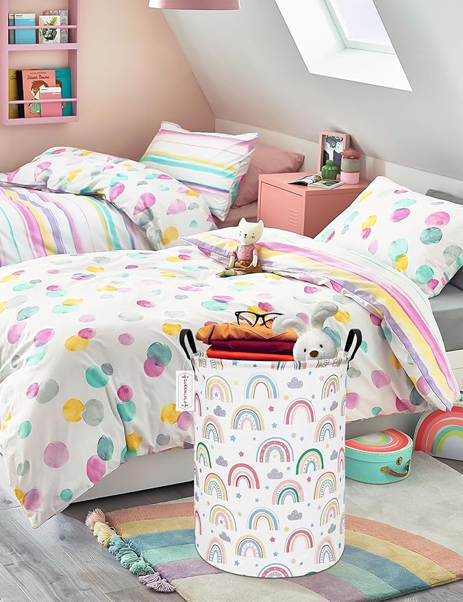 QUEENLALA Large Storage Basket,Laundry Hamper/Bathroom/Home Decor/Collapsible Round Storage Bin,Boys and Girls Hamper/Boxes/Clothing（Round-Rainbow）