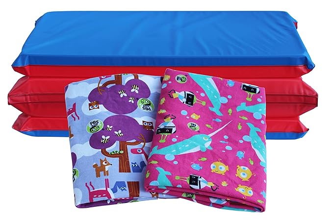 KinderMat + PBS Kids Friends Kit - 1.5" Thick Full Nap Mat and 2 Washable Covers - 47" x 22", Narwhal Expedition and Woodland Friends - Value Bundle Great for Daycare & Family Households
