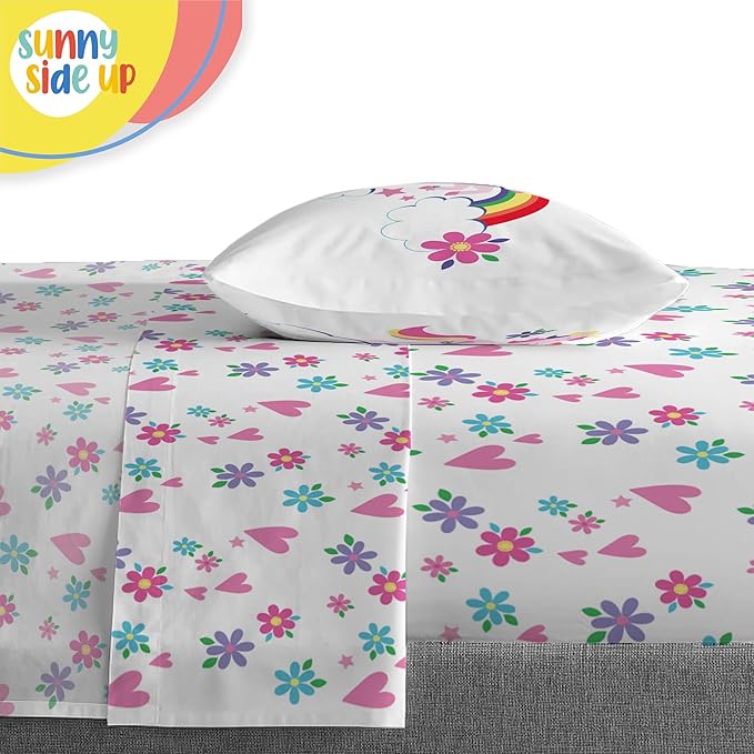 Sunny Side Up Rainbow Unicorns Toddler Comforter Set - 4 Piece Preschool Bedding Includes Comforter, Sheets & Pillow Cover - Super Soft Pink Floral Microfiber Bed Set