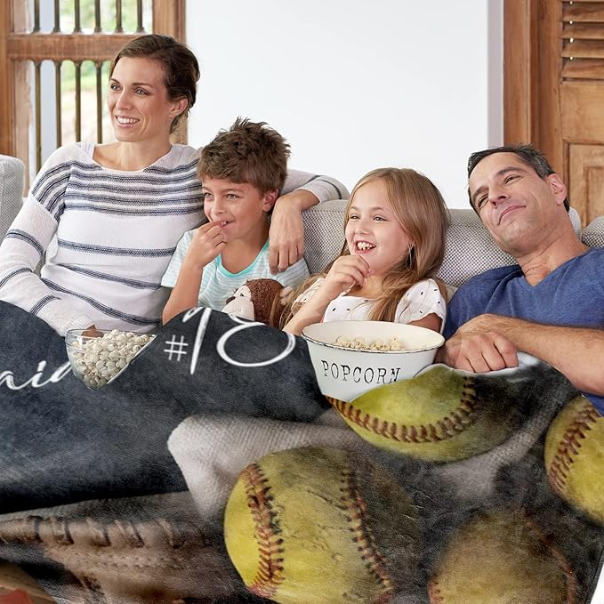 Personalized Baby Softball Bed Blanket: Custom Name and Number Sport Blankets for Toddler Boys Girls Adults Birthday Mothers Fathers Easter (60x80inch)