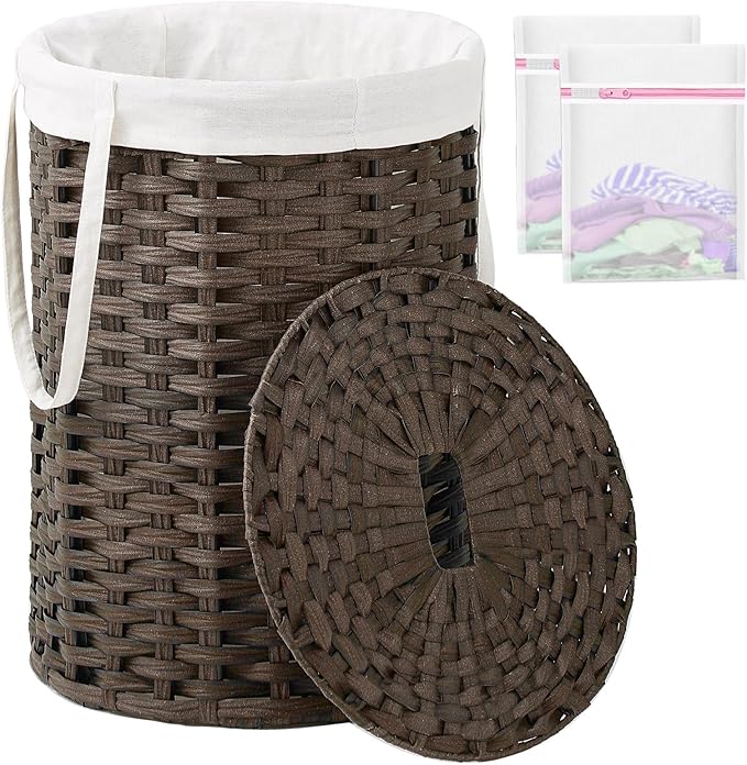 Laundry Hamper with Lid, 19.0 Gal (72 L) Round Wicker Laundry Basket, Handwoven Rattan Basket with Lid, Removable Bag, 2 Mesh Bags, Handles for Living Room, Bathroom, Brown