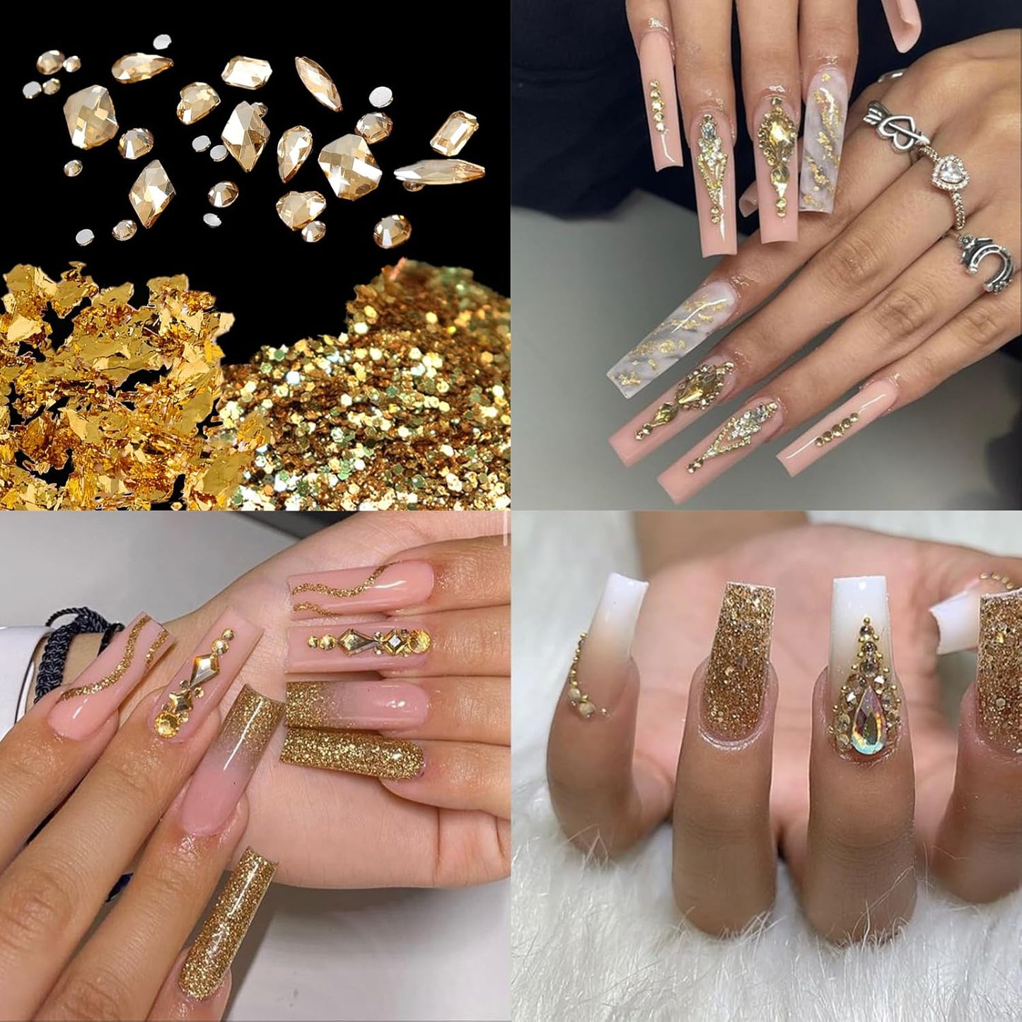 Nail Art Rhinestones Flatback Gold Nail Charms Multi Shapes Crystal Mixed Glitter Foil Design Gold Gems Accessories for Women Manicure Decorations Supplies
