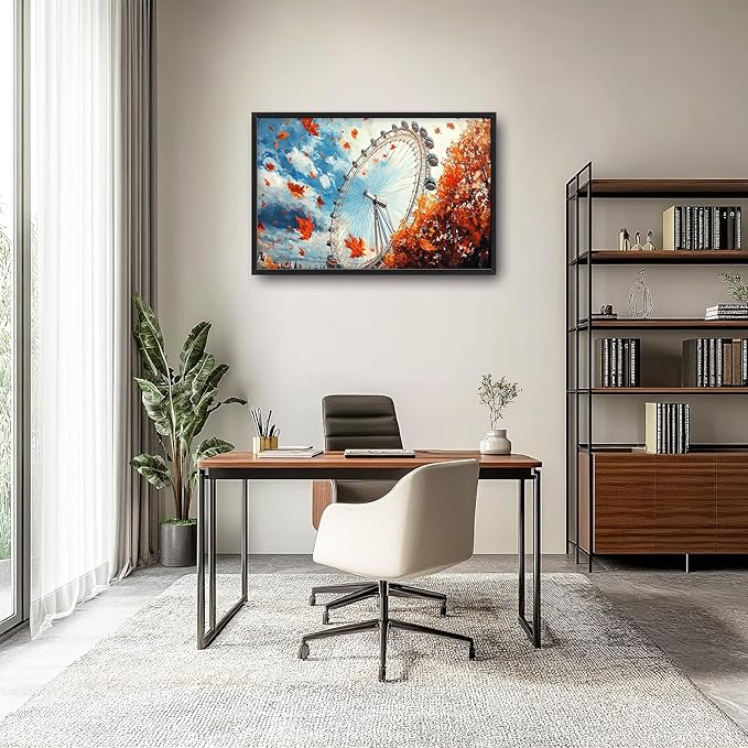 Olivine Large Fall Wall Art, London Eye Pictures Wall Decor, Fall London Painting, Autumn Canvas Prints, Framed Artwork for Bathroom Bedroom Living Room Office Home Decoration 36"x24"