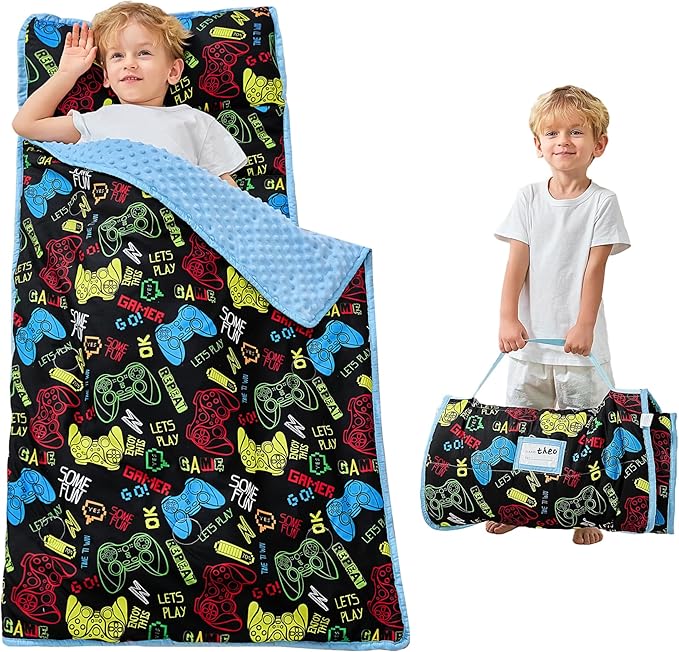 Toddler Nap Mat with Pillow and Blanket, Extra Large Rolled Napping Mats,Slumber Bags for Boys Girls,Kids Sleeping Bag for Daycare, Preschool Travel Camping