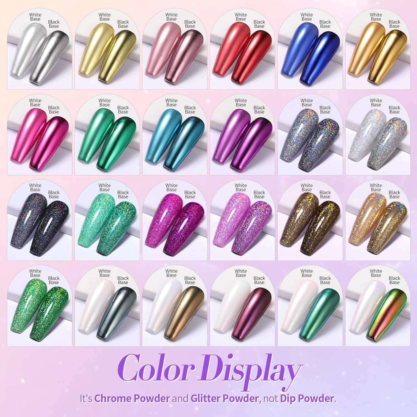 BORN PRETTY Holographic Nail Powder Mirror Metallic Powder Pigment Gold Silver Red Purple Blue Green 24 Colors Manicure Nail Art Decoration Sets for Christmas Gifts