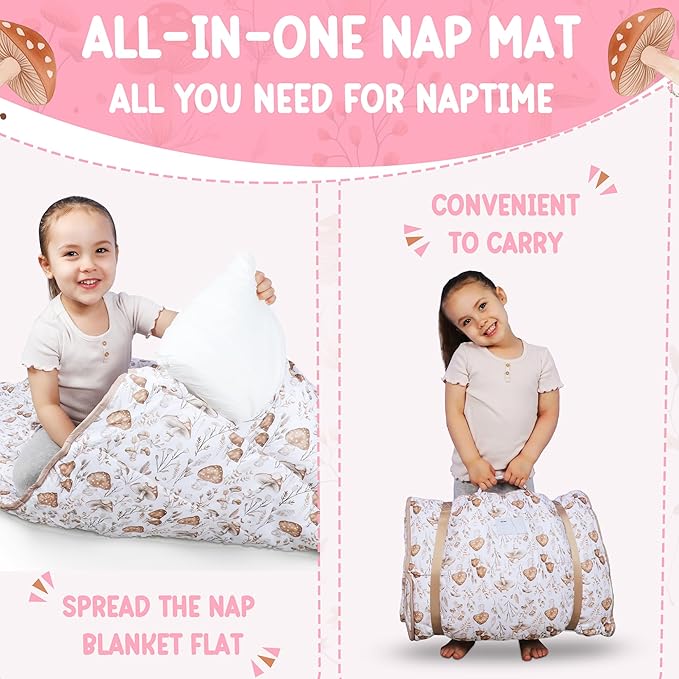 Morxy Toddler Nap Mat with Pillow & Blanket Large Portable Roll Up Nap Mats with Name Tag- Thick Kids Sleep Mat for Daycare, Preschool Travel and Camping for Age 3 and up