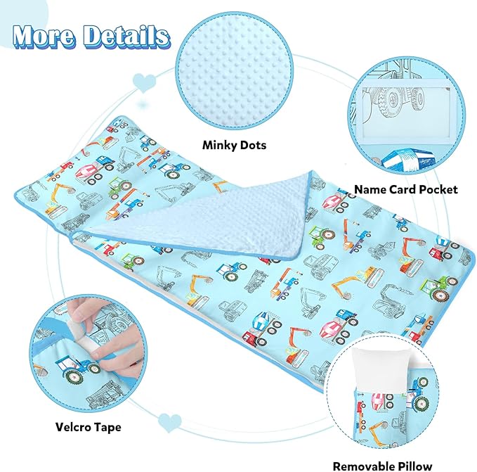 Toddler Nap Mat Kids Sleeping Bag 59"×24", Soft Slumber Bag with Removable Pillow and Blanket for Kids Girls Boys,Roll Up Sleeping Mat Thick for Camping,Daycare, Kindergarden