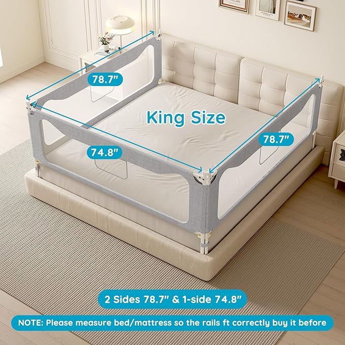 King Size Toddler Bed Rail: 3-Side Protection Bedrail for King Bed - Extral Tall Adjustable Child Safety Side Railing Guards for Infants Kids Child(78.7x78.7X 74.8”)