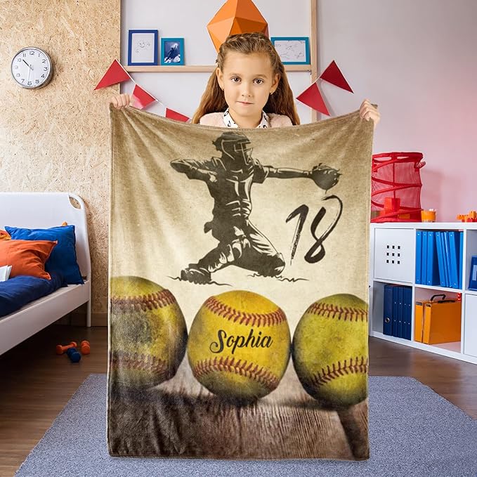 Custom Softball Blanket with Number Name: Personalized Fluffy and Warm Gift for Baby Toddler Kids and Adults Birthday Skin-Friendly Flannel Fabric(30X40inch)