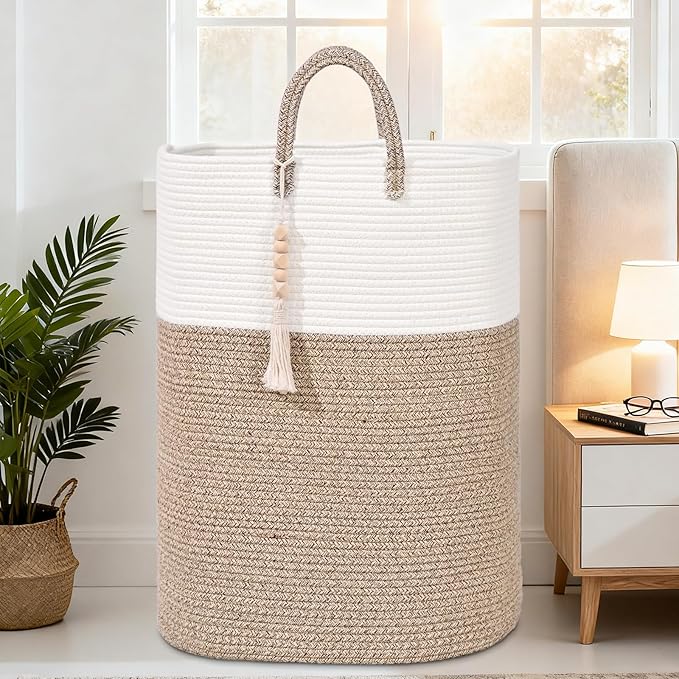 Woven Laundry Basket for Clothes, 80L Large Rectangle Laundry Hampers with Beads Tassel, Nursery Storage Basket for Toys, Tall Dirty Clothes Hamper for Bedroom Aesthetic, Laundry Room Organization