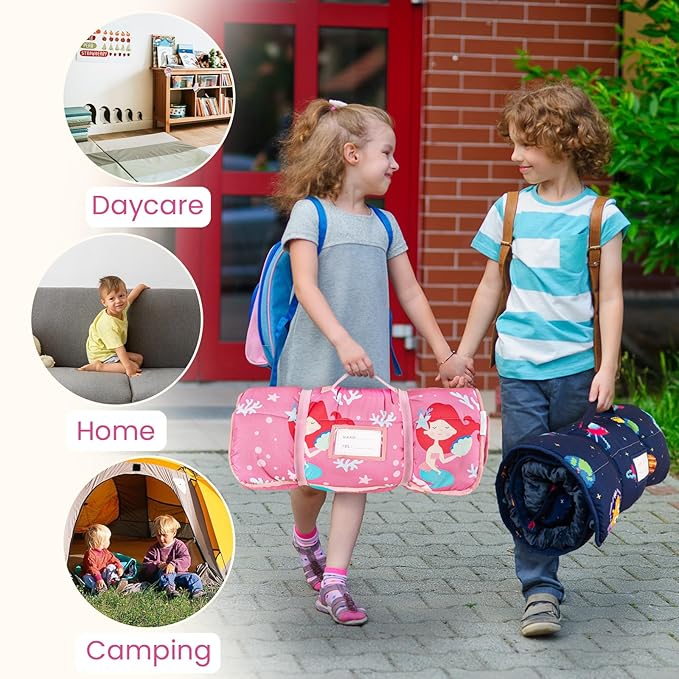 Toddler Nap Mat with Pillow and Minky Blanket, Large 55"x35" Sleeping Bag, Washable, Lightweight, Easy to Roll, Perfect for Preschool, Daycare, Kindergarten, Travel, Boys and Girls(Mermaid)