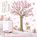 decalmile Woodland Animals Large Flower Tree Wall Decals Cherry Blossom Deer Fox Wall Stickers Baby Nursery Kids Bedroom Living Room Wall Decor