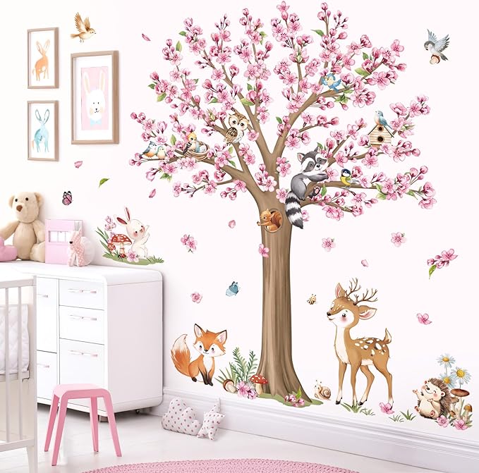 decalmile Woodland Animals Large Flower Tree Wall Decals Cherry Blossom Deer Fox Wall Stickers Baby Nursery Kids Bedroom Living Room Wall Decor