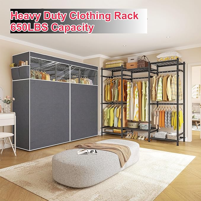 Raybee Clothes Rack with Cover,Portable Closet Heavy Duty,Metal Clothing Racks for Hanging Clothes Adjustable for Bedroom 66.5" Wx15.75 Dx74.8 H Black