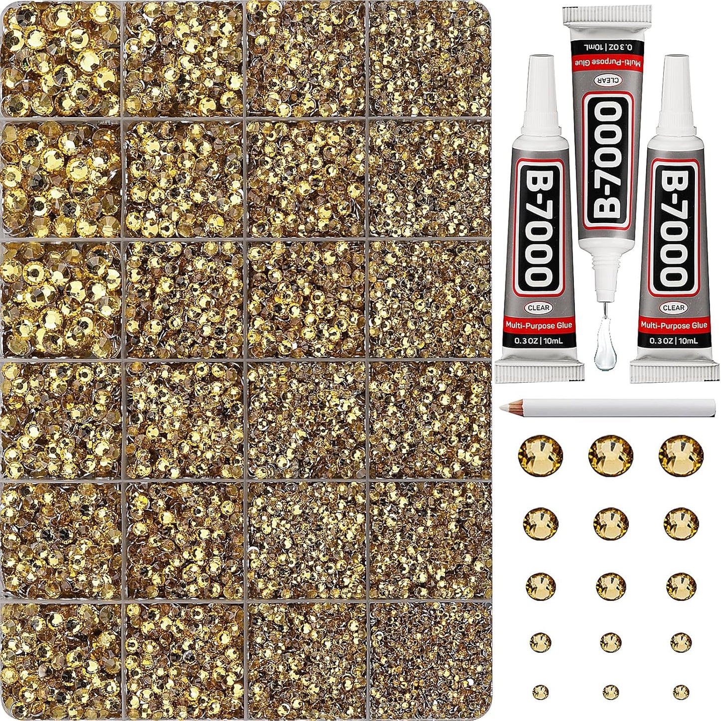 30000Pcs Resin Rhinestones Set for Crafting Bedazzling, Citrine Flatback Gems Jewels for Crafts Clothes Shoes Fabric Outfit Nails Makeup, Flat Back Crystal 2-6mm with b 7000 Glue